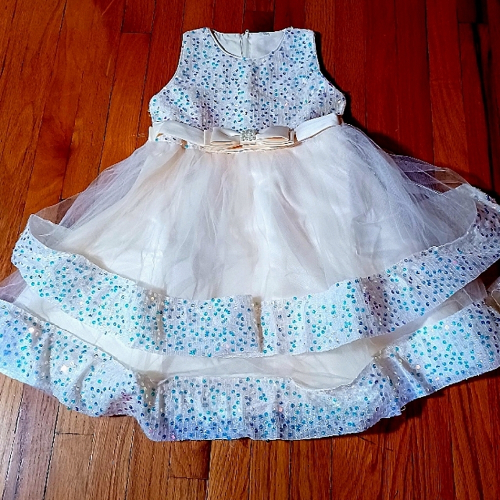 Cream Chiffon Like W/ Pearl White & Sky  Blue Sequins Pageant,Party Dress W/Bow